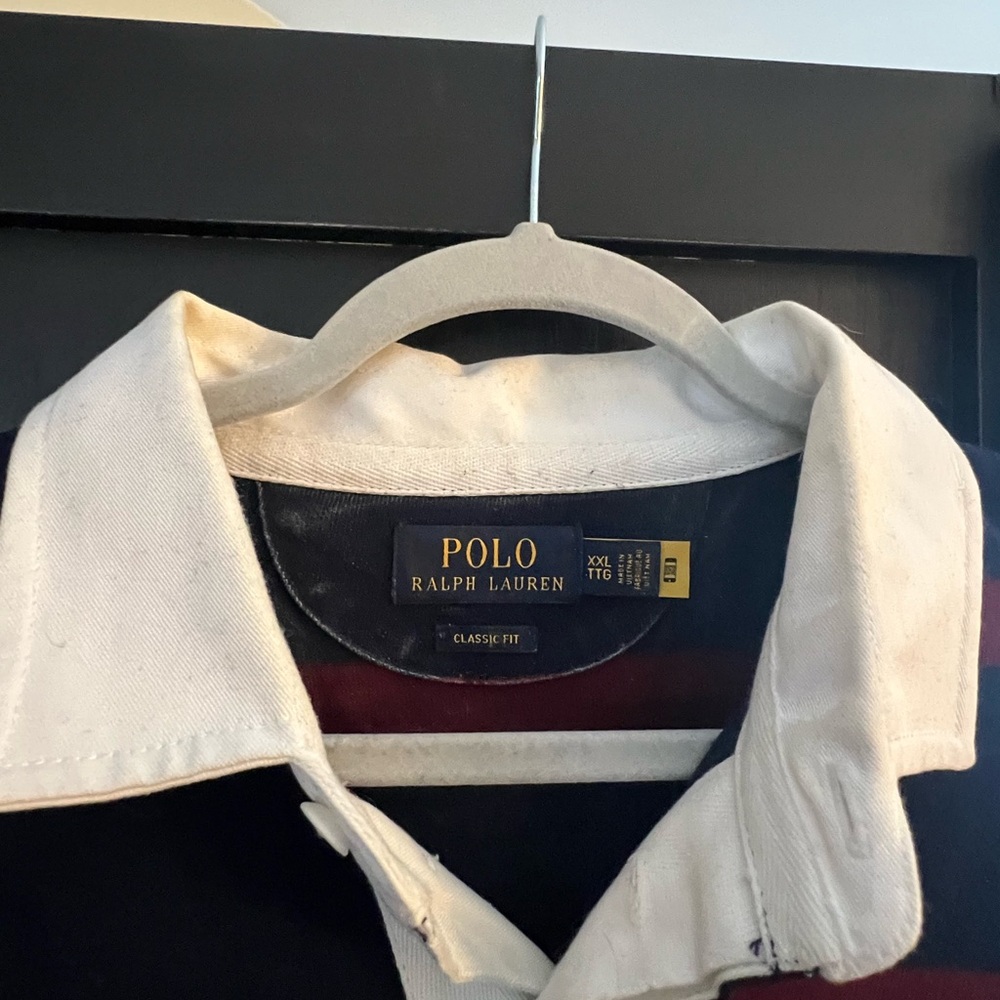 Ralph Lauren Men's Navy and Burgundy Striped Polo Shirt - Picture 3 of 6